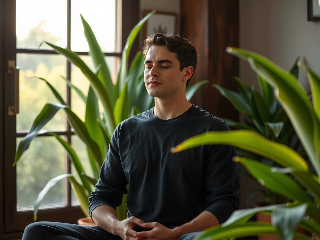 A person in a meditative yoga pose, surrounded by plants and soft lighting, symbolizing peace and discovery.