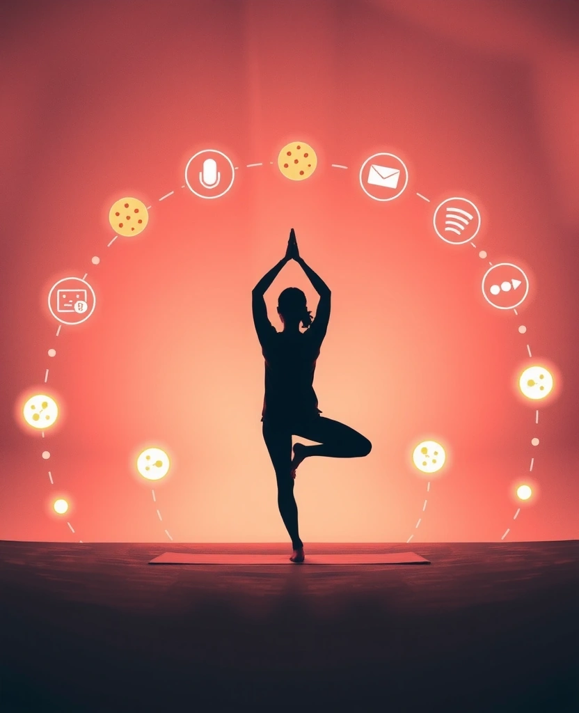 A person practicing yoga on a mat with digital elements like cookie icons and data flow lines around them, representing personalized experience