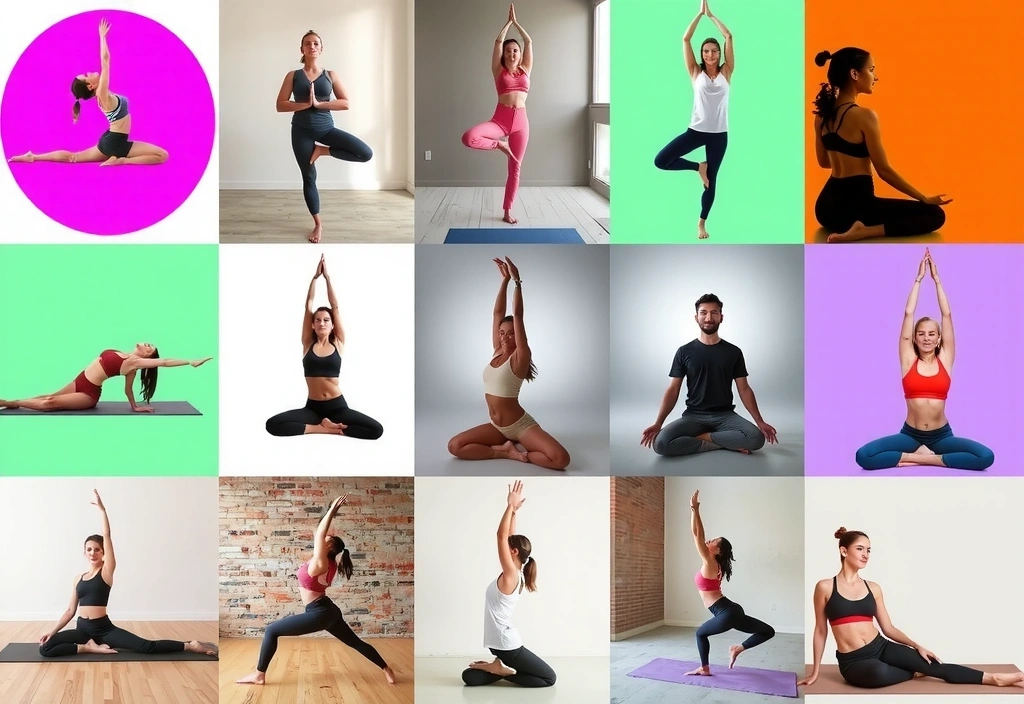 A vibrant collage of different yoga poses, representing various yoga styles, with no text.