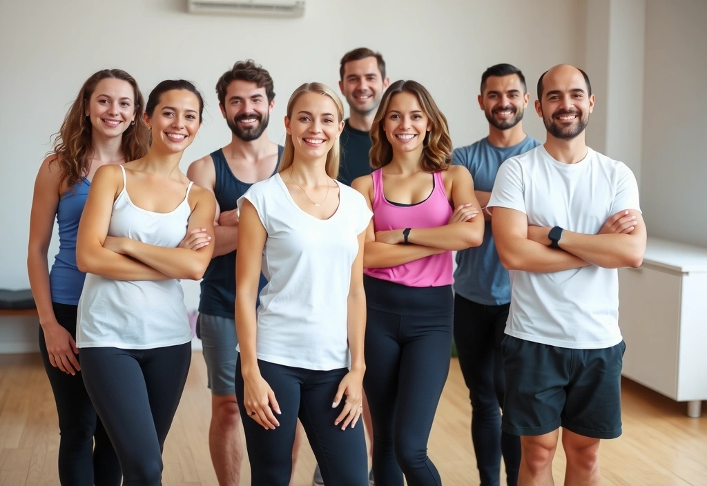 A diverse group of smiling, professional yoga instructors in a bright studio setting, representing expertise and approachability, with no text.