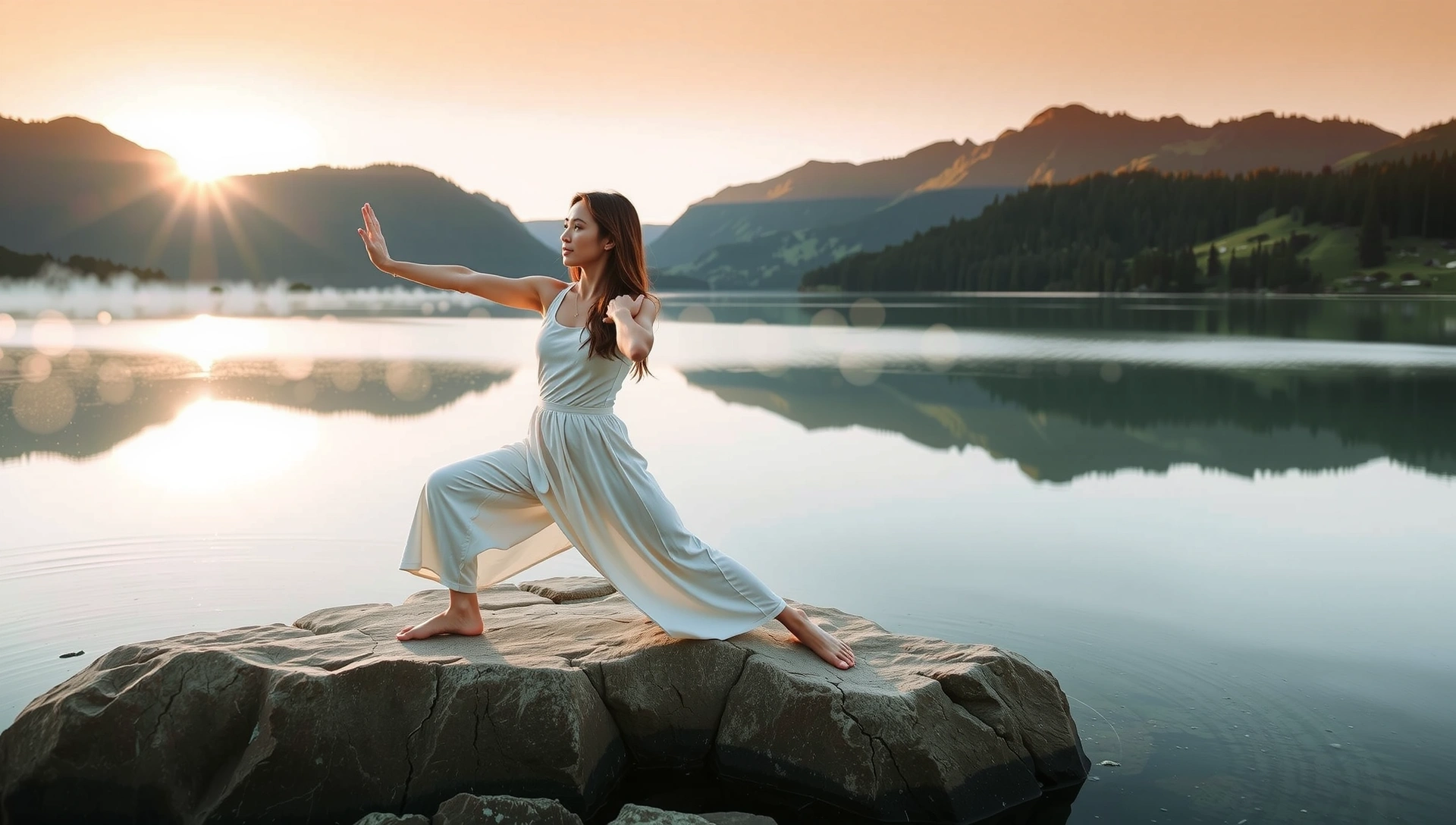 Serene woman practicing yoga in a peaceful natural setting, bathed in soft morning light.