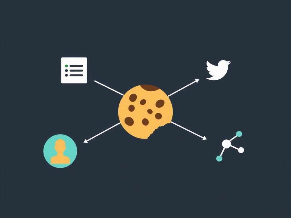 A stylized illustration of a cookie with lines representing data flow, signifying website tracking technologies and user consent.