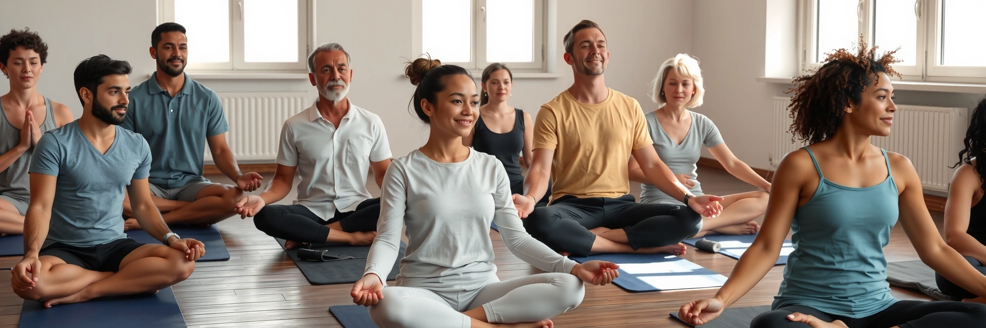 Yoga practitioners meditating in a serene, sunlit studio, embodying peace and community satisfaction.
