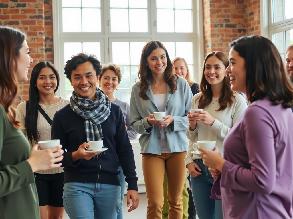 A group of smiling people engaging in a discussion during a yoga retreat.