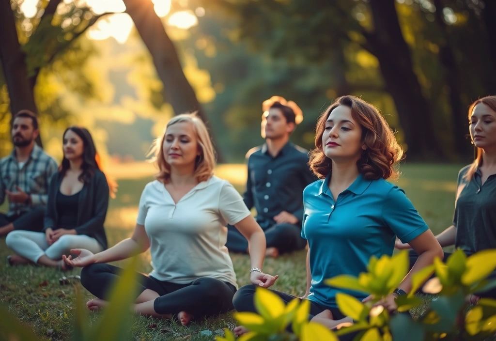 People meditating peacefully in a lush, green outdoor setting.